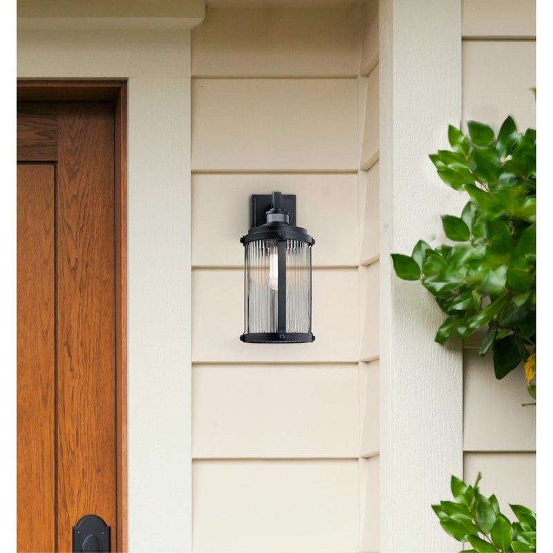 Westinghouse Armin 1-Light Outdoor Wall Sconce | Vintage Textured Black and Clear Ribbed Glass | Front Entry & Patio | Model 6120600