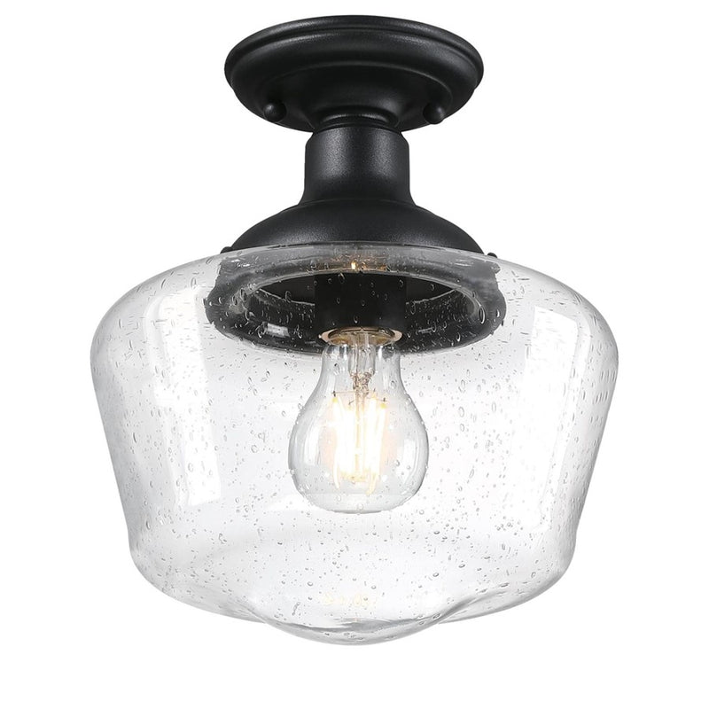 Westinghouse Scholar 1-Light Semi-Flush Mount | Vintage Textured Black and Clear Seeded Glass | Entryway & Porch | 9 x 9 x 10.5 in | Model 6120900