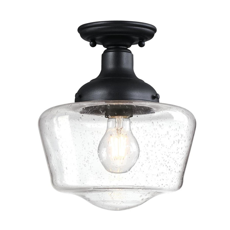 Westinghouse Scholar 1-Light Semi-Flush Mount | Vintage Textured Black and Clear Seeded Glass | Entryway & Porch | 9 x 9 x 10.5 in | Model 6120900
