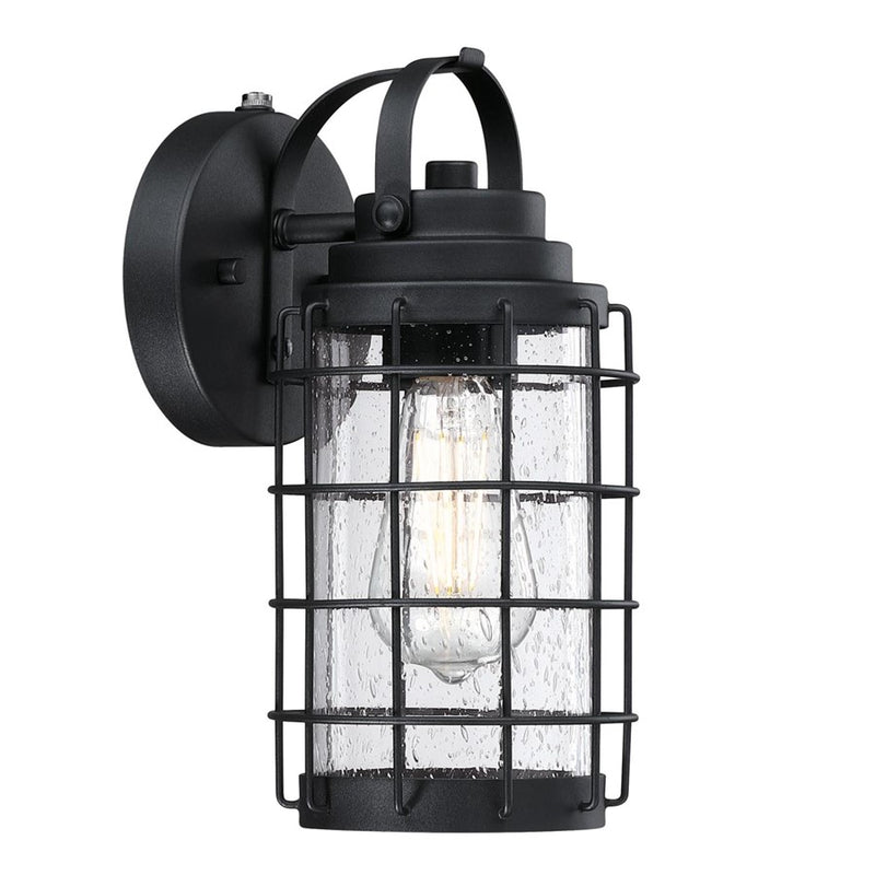Westinghouse Jupiter Point 11in 1-Light Outdoor Wall Sconce | Vintage Textured Black and Clear Seeded Glass with Dusk-to-Dawn | Model 6122300
