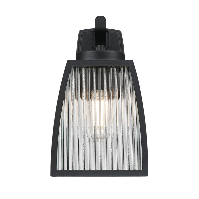 Westinghouse Niko 8in 1-Light Outdoor Sconce | Industrial Textured Black and Clear Ribbed Glass | Entryway & Porch | 8 x 9 x 13 in | Model 6122400