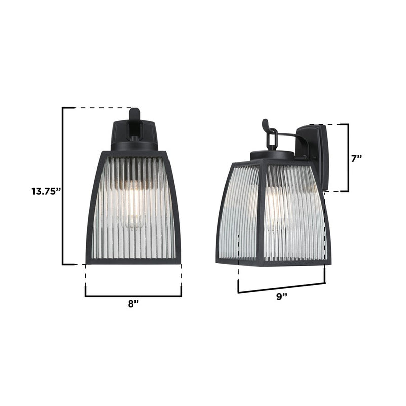 Westinghouse Niko 8in 1-Light Outdoor Sconce | Industrial Textured Black and Clear Ribbed Glass | Entryway & Porch | 8 x 9 x 13 in | Model 6122400