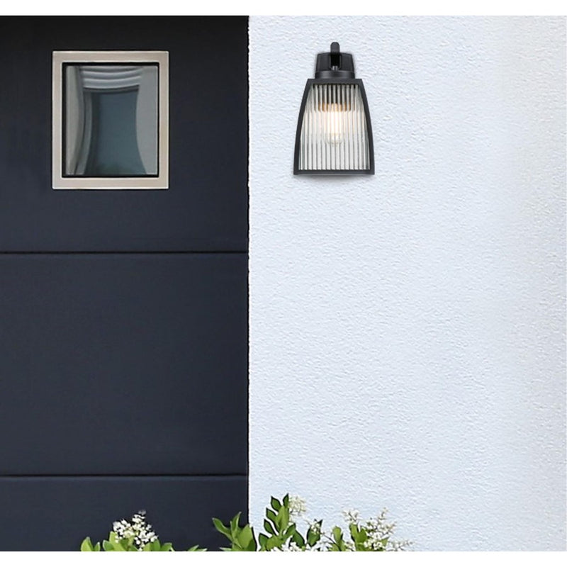 Westinghouse Niko 8in 1-Light Outdoor Sconce | Industrial Textured Black and Clear Ribbed Glass | Entryway & Porch | 8 x 9 x 13 in | Model 6122400