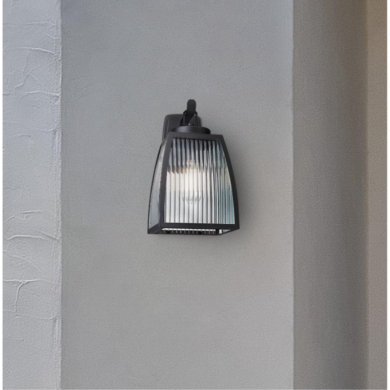 Westinghouse Niko 8in 1-Light Outdoor Sconce | Industrial Textured Black and Clear Ribbed Glass | Entryway & Porch | 8 x 9 x 13 in | Model 6122400