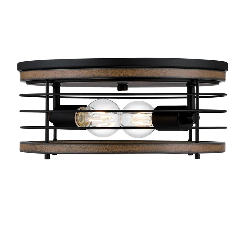 Westinghouse Ackton 13in 2-Light Flush Mount | Vintage Matte Black and Barnwood Cage Shade | Hallway & Bedroom | 13 x 13 x 5.75 in | Model 6125000