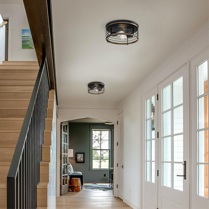 Westinghouse Ackton 2 Light Flush, Matte Black/Barnwood/Cage Shade