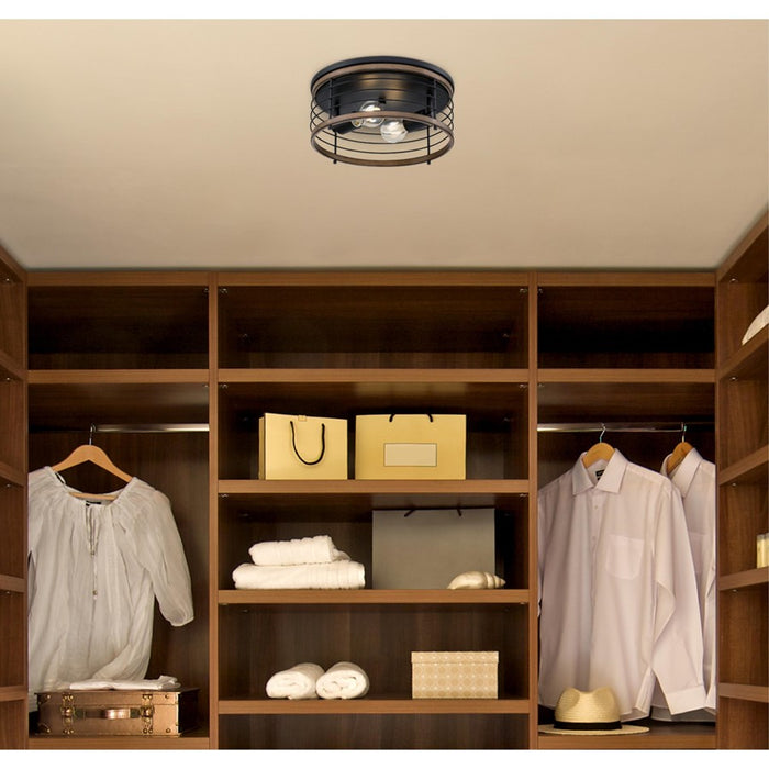 Westinghouse Ackton 2 Light Flush, Matte Black/Barnwood/Cage Shade