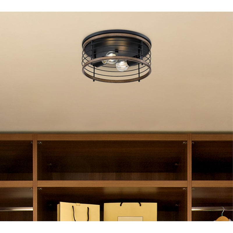 Westinghouse Ackton 2 Light Flush, Matte Black/Barnwood/Cage Shade
