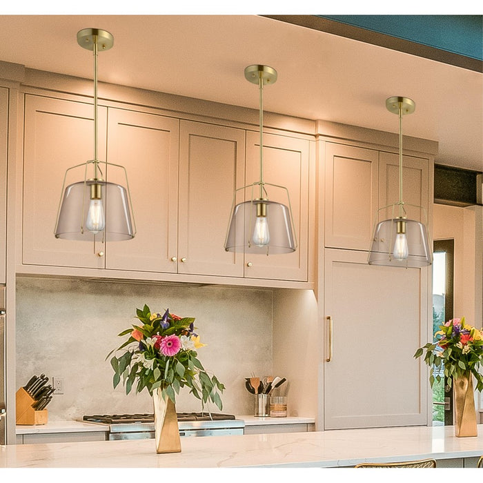 Westinghouse Hallein 1 Light Pendant, Champagne Brass/Smoke Grey Glass