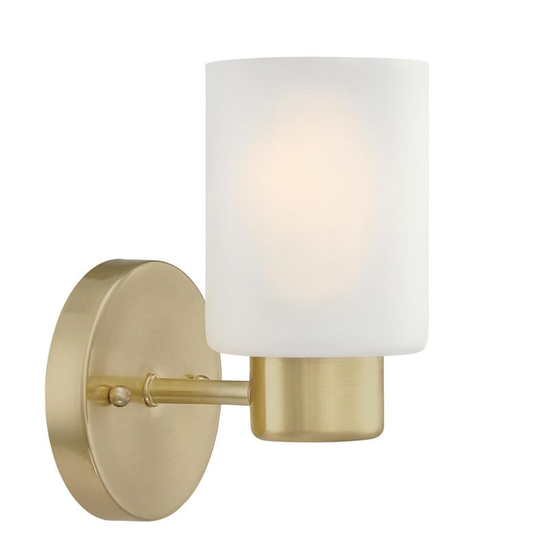 Westinghouse Sylvestre 8in 1-Light Wall Sconce | Transitional Champagne Brass and Frosted Glass | Hallway & Bathroom | 8 x 4 x 6 in | Model 6126400