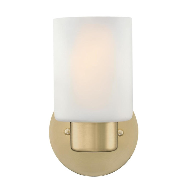 Westinghouse Sylvestre 8in 1-Light Wall Sconce | Transitional Champagne Brass and Frosted Glass | Hallway & Bathroom | 8 x 4 x 6 in | Model 6126400