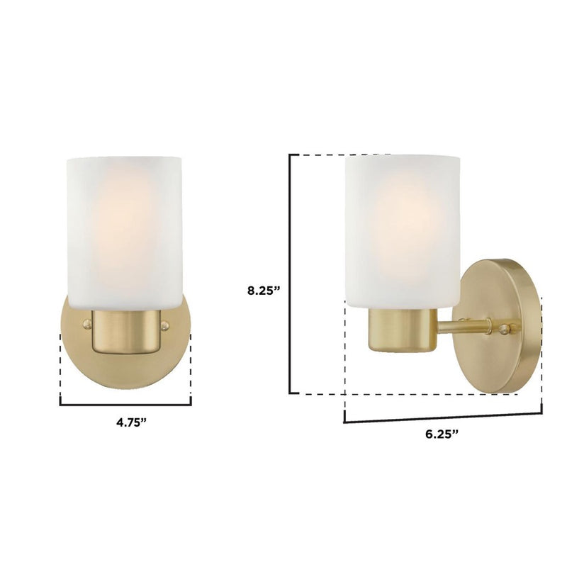 Westinghouse Sylvestre 8in 1-Light Wall Sconce | Transitional Champagne Brass and Frosted Glass | Hallway & Bathroom | 8 x 4 x 6 in | Model 6126400