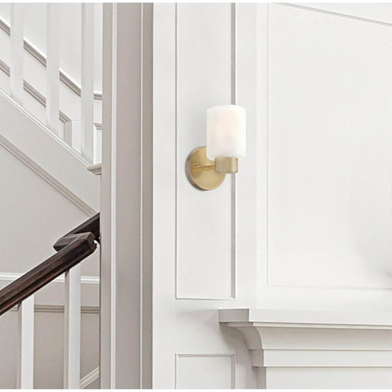 Westinghouse Sylvestre 8in 1-Light Wall Sconce | Transitional Champagne Brass and Frosted Glass | Hallway & Bathroom | 8 x 4 x 6 in | Model 6126400