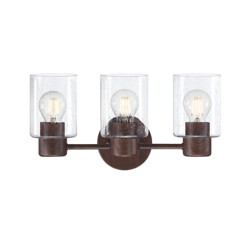 Westinghouse Sylvestre 15in 3-Light Vanity Light | Transitional Walnut and Clear Seeded Glass | Bathroom & Powder Room | 15 x 6 x 8 in | Model 6126500