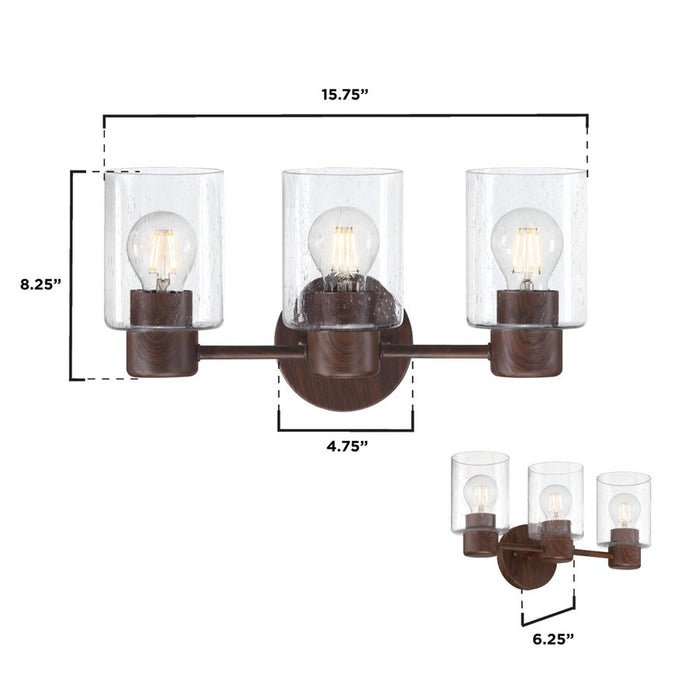Westinghouse Sylvestre 3 Light Wall Light, Walnut/Clear Seeded Glass