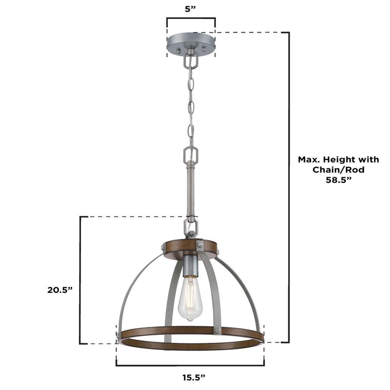 Westinghouse Oak Lane 15in 1-Light Pendant | Vintage Barnwood and Galvanized Steel Cage | Kitchen Island & Dining Room | Model 6127500