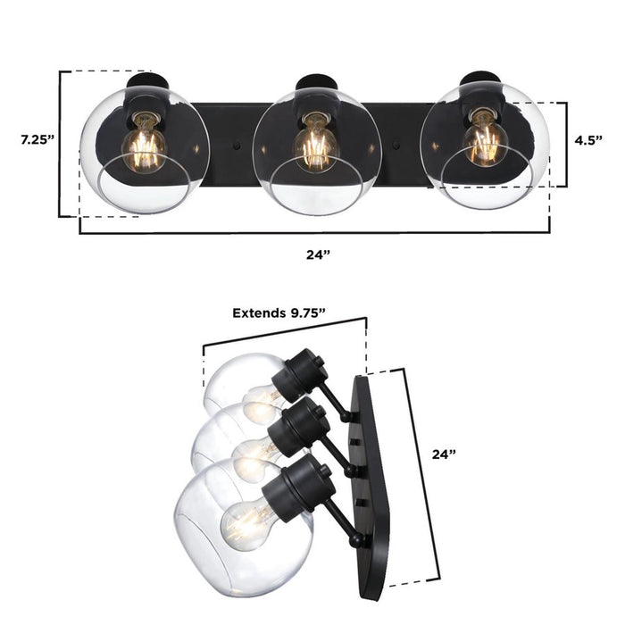 Westinghouse Hyson 3 Light Wall Light, Matte Black/Clear Glass