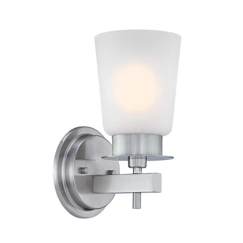 Westinghouse Reynaldo 1-Light Wall Sconce | Transitional Brushed Nickel and Frosted Glass | Bathroom & Hallway Accent | Model 6128900