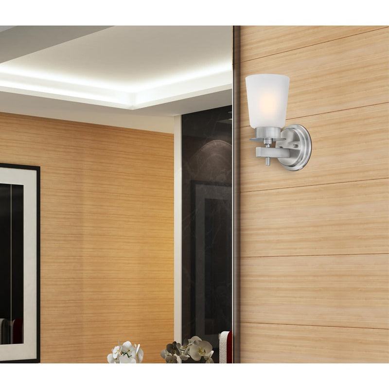 Westinghouse Reynaldo 1-Light Wall Sconce | Transitional Brushed Nickel and Frosted Glass | Bathroom & Hallway Accent | Model 6128900