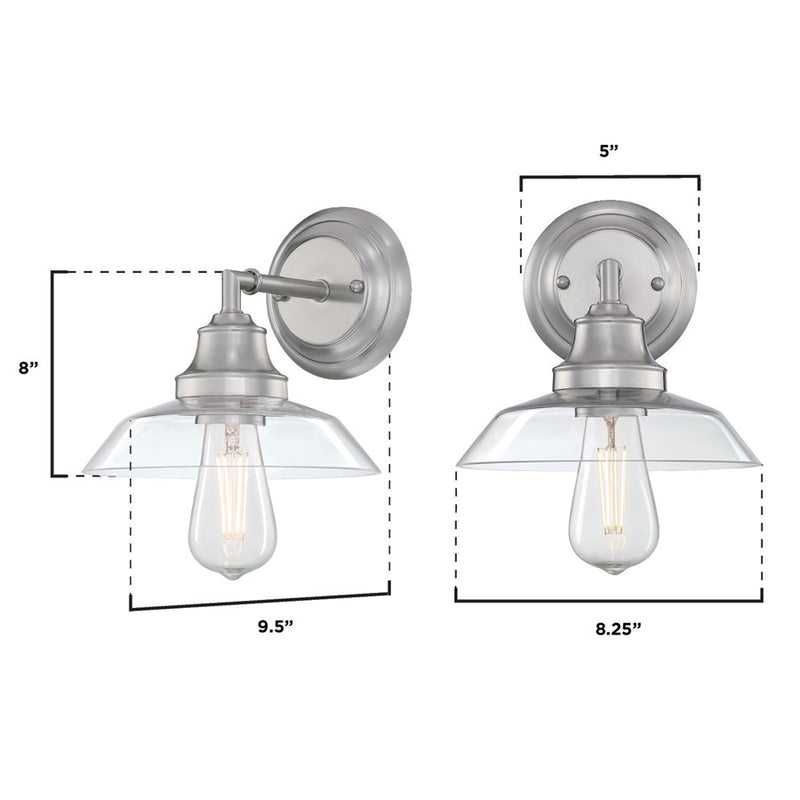 Westinghouse Iron Hill 1-Light Wall Sconce | Vintage Brushed Nickel and Clear Glass | Bathroom & Hallway Accent | 8 x 9.5 x 8 in | Model 6129100