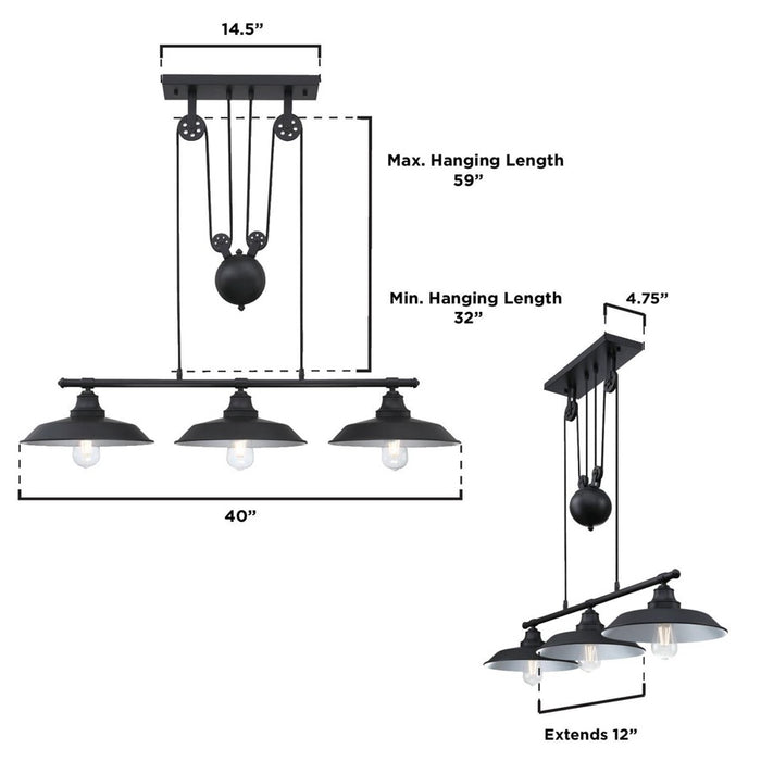 Westinghouse Iron Hill 3 Light Pendant, Matte Black/Metal Shades