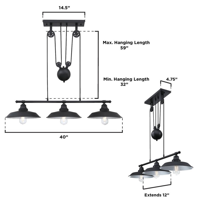 Westinghouse Iron Hill 40in 3-Light Pendant | Vintage Industrial Matte Black | Kitchen Island & Dining Room | 40 x 12 x 32 in | Model 6129400