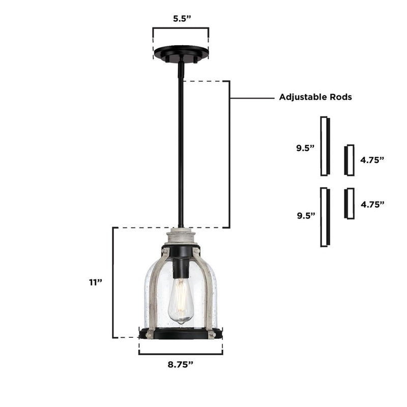 Westinghouse Cindy 11in 1-Light Pendant | Matte Black and Antique Ash with Clear Seeded Glass | Kitchen Island & Dining Room | Model 6129700
