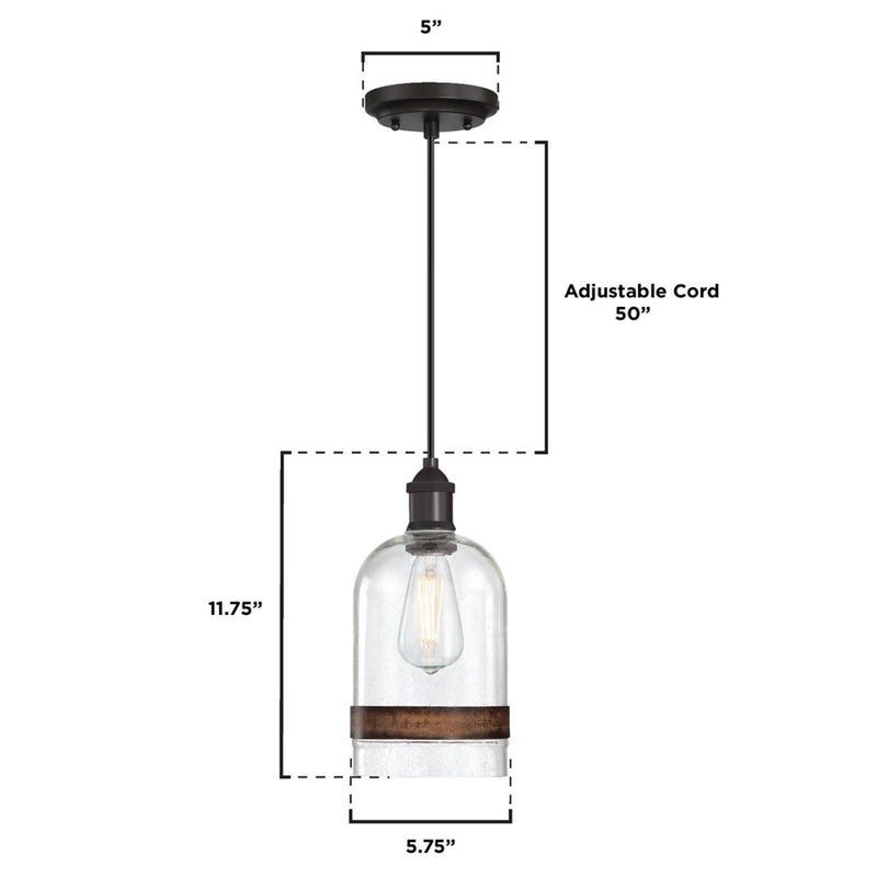 Westinghouse Tarrant 11in 1-Light Pendant | Black-Bronze and Clear Seeded Glass with Barnwood Band | Kitchen Island & Dining Room | Model 6129800