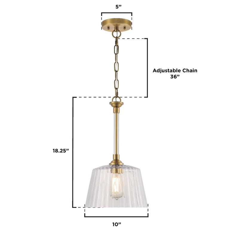 Westinghouse Aggie 1 Light Pendant, Brushed Brass/Clear Ribbed Glass