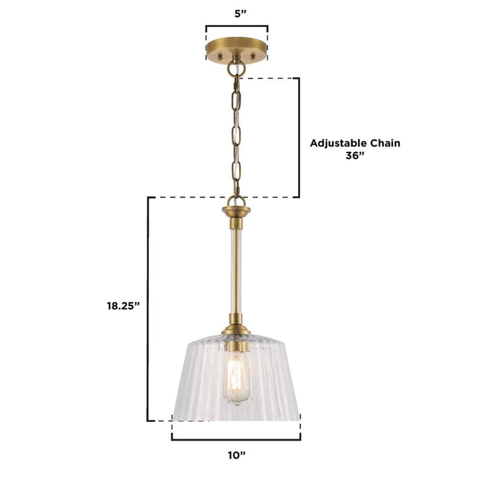 Westinghouse Aggie 1 Light Pendant, Brushed Brass/Clear Ribbed Glass
