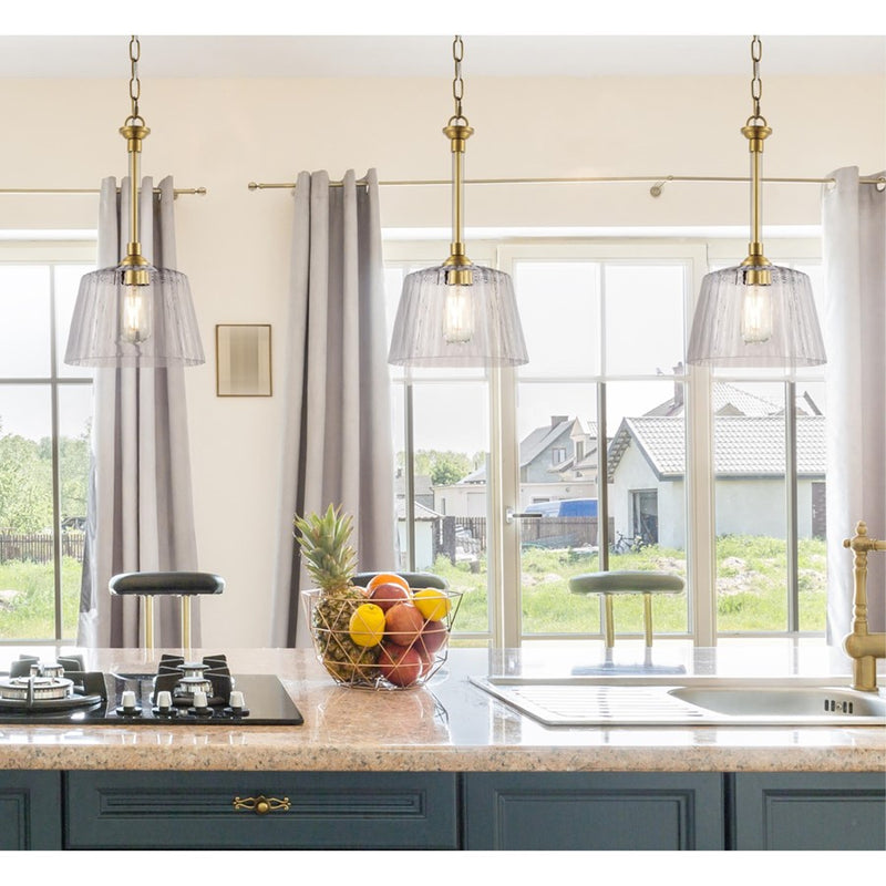 Westinghouse Aggie 1 Light Pendant, Brushed Brass/Clear Ribbed Glass