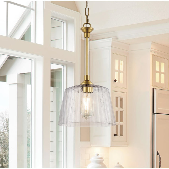 Westinghouse Aggie 1 Light Pendant, Brushed Brass/Clear Ribbed Glass