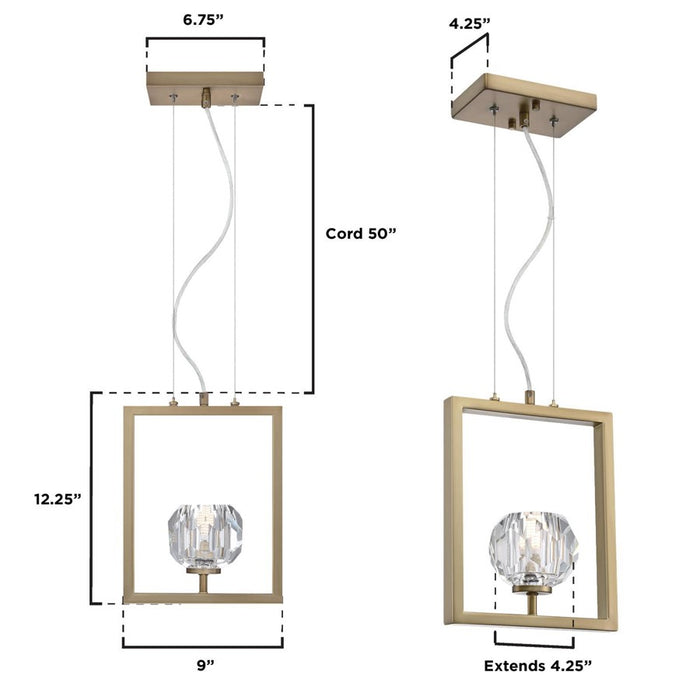Westinghouse Zoa 1 Light Pendant, Brushed Brass/Crystal Glass