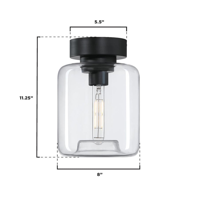 Westinghouse Judd 8in 1-Light Semi-Flush Mount | Transitional Matte Black and Clear Glass | Hallway & Living Room | 8 x 8 x 11 in | Model 6131200