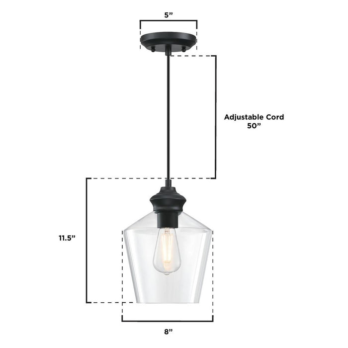 Westinghouse Ramsey 1 Light Pendant, Matte Black/Clear Glass