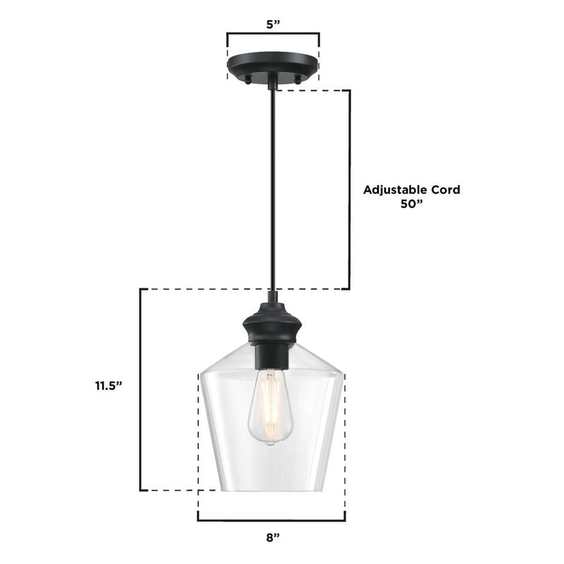 Westinghouse Ramsey 8in 1-Light Mini Pendant | Transitional Matte Black and Clear Glass | Kitchen Island & Dining Room | 8 x 8 x 11 in | Model 6132600