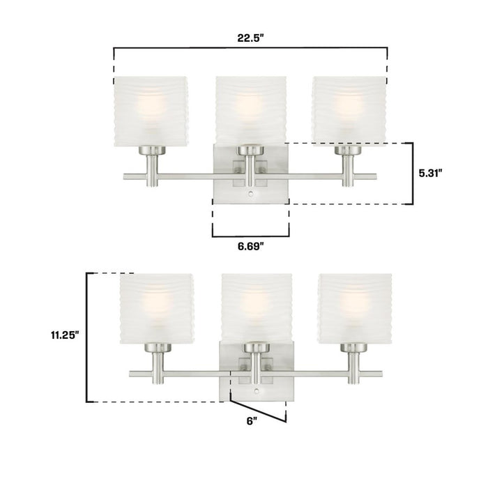 Westinghouse Alexander 3Lt Wall Light, Nickel/Rippled White Glazed