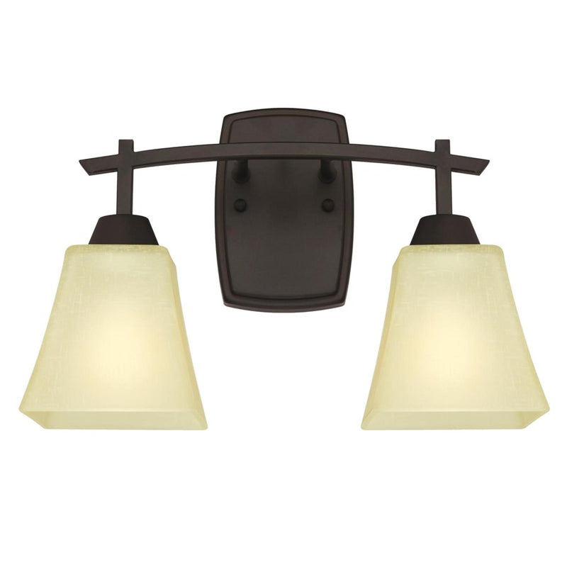 Westinghouse Midori 15in 2-Light Wall Sconce | Rustic Oil Rubbed Bronze and Amber Linen Glass | Bathroom & Vanity | 15 x 7 x 10 in | Model 6307400