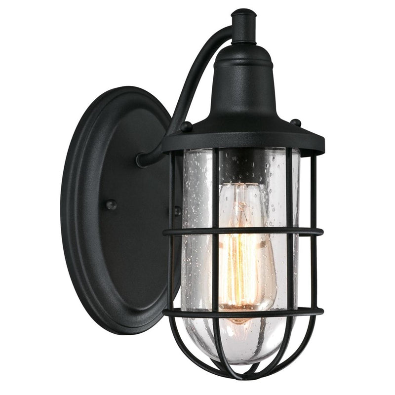 Westinghouse Crestview 12in 1-Light Outdoor Wall Sconce | Industrial Textured Black and Clear Seeded Glass | Entryway & Covered Porch | Model 6334700