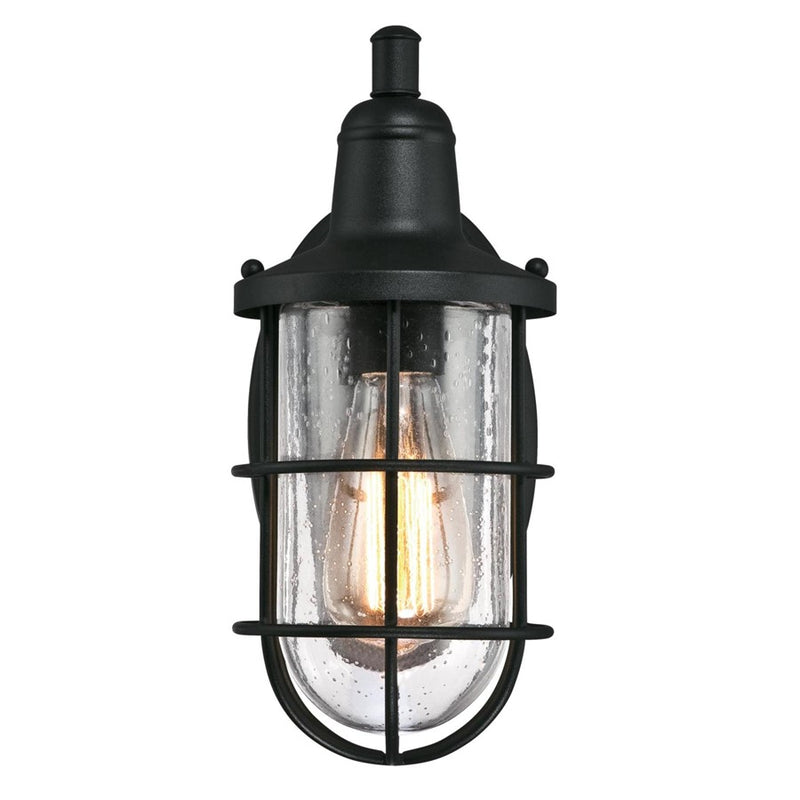 Westinghouse Crestview 12in 1-Light Outdoor Wall Sconce | Industrial Textured Black and Clear Seeded Glass | Entryway & Covered Porch | Model 6334700