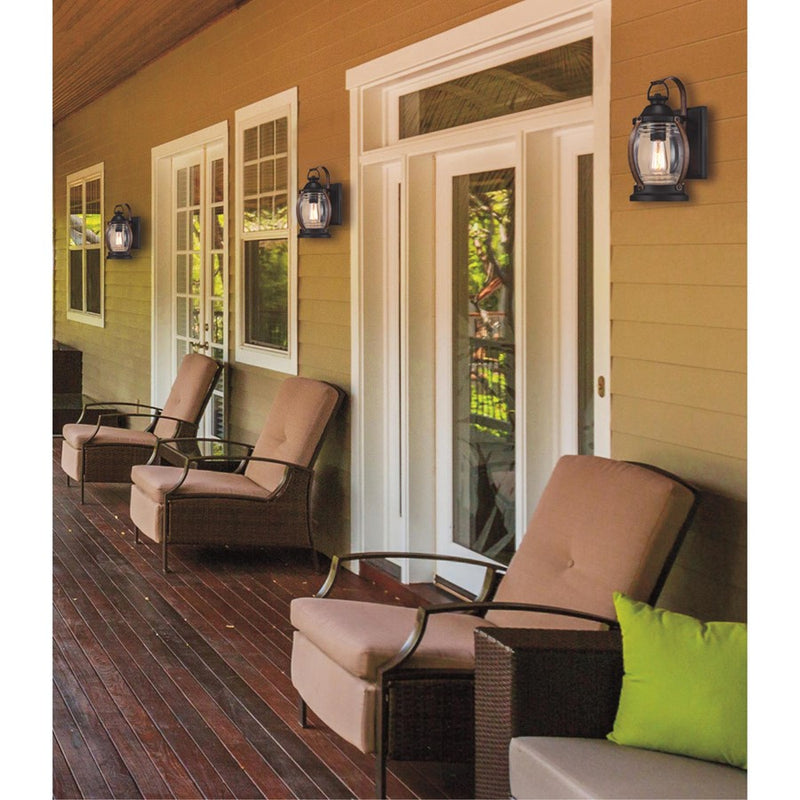 Westinghouse Canyon 8in 1-Light Outdoor Sconce | Rustic Textured Black and Barnwood Clear Glass | Covered Porch & Entryway | Model 6335100