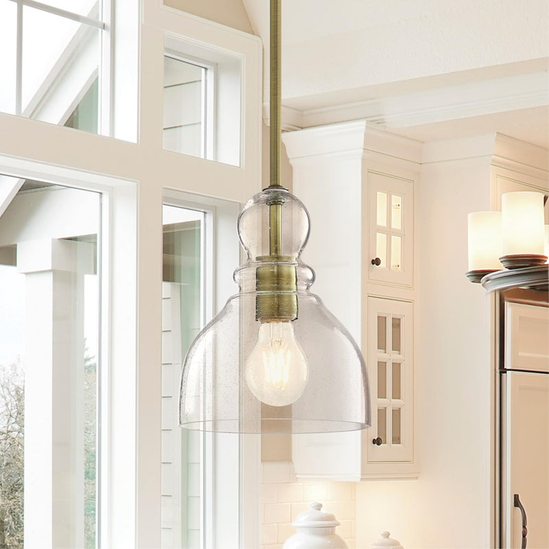 Westinghouse Fiona 8in 1-Light Mini Pendant | Vintage Antique Brass and Clear Seeded Glass | Kitchen & Dining Room | 7 x 7 x 8.5 in | Model 6356500