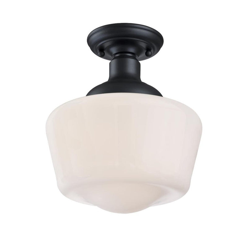 Westinghouse Scholar 9in 1-Light Semi-Flush Mount | Vintage Textured Black and White Opal Glass | Porch & Entryway | 60W, Damp Rated | Model 6578300