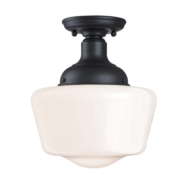 Westinghouse Scholar 9in 1-Light Semi-Flush Mount | Vintage Textured Black and White Opal Glass | Porch & Entryway | 60W, Damp Rated | Model 6578300