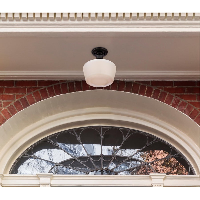 Westinghouse Scholar 9in 1-Light Semi-Flush Mount | Vintage Textured Black and White Opal Glass | Porch & Entryway | 60W, Damp Rated | Model 6578300