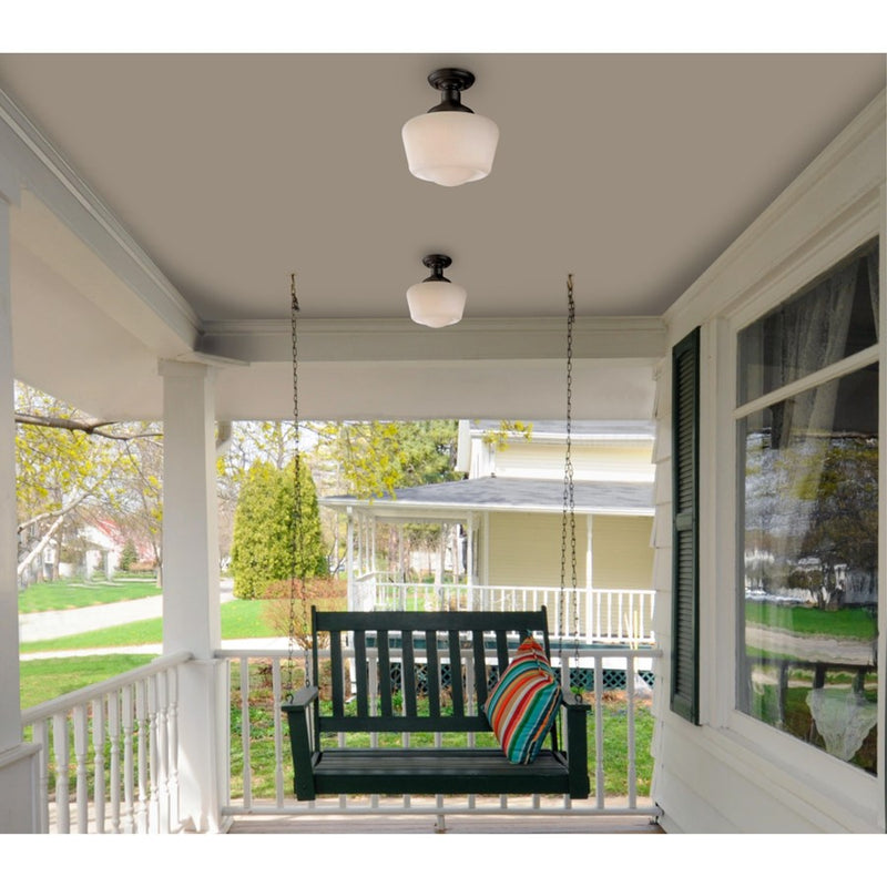 Westinghouse Scholar 9in 1-Light Semi-Flush Mount | Vintage Textured Black and White Opal Glass | Porch & Entryway | 60W, Damp Rated | Model 6578300