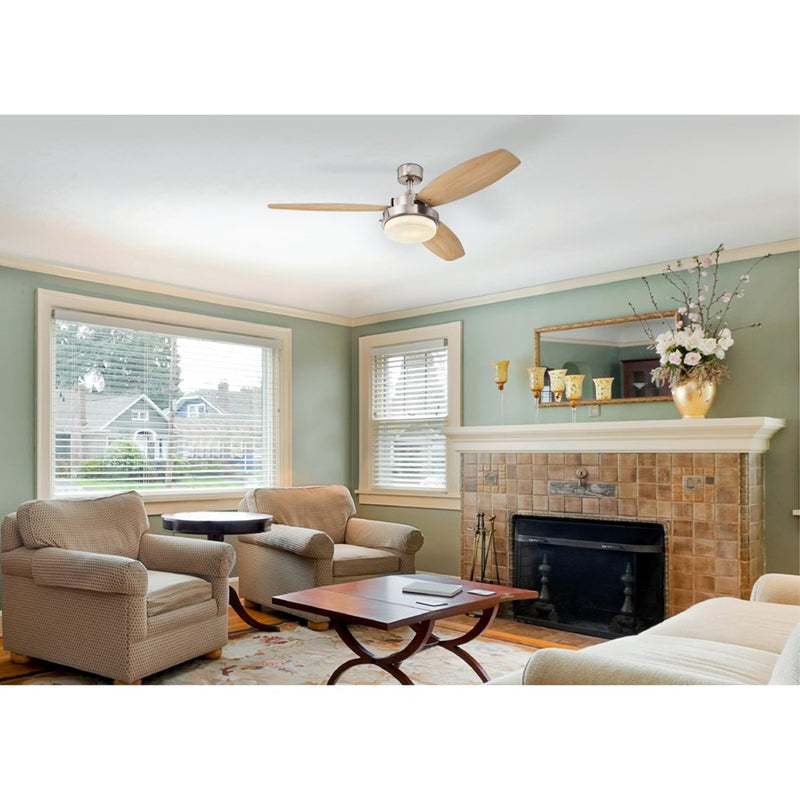 Westinghouse Alloy LED 52in 3-Blade Ceiling Fan | Brushed Nickel and Beech Plywood Blades | Living Room & Bedroom | 52 x 52 x 13 in | Model 7209000