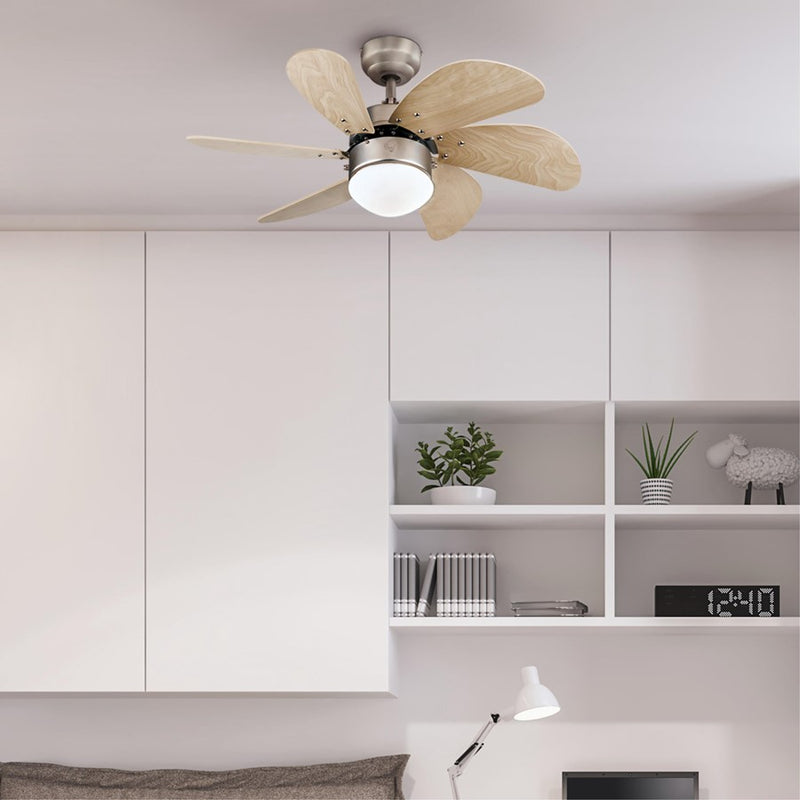 Westinghouse Turbo Swirl 30in 6-Blade LED Ceiling Fan | Brushed Aluminum and Light Maple MDF | Small Bedrooms & Kitchens | Model 7224000