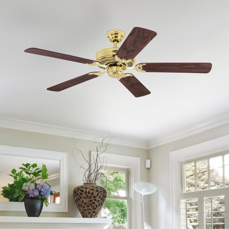 Westinghouse Contractor Choice 52in Ceiling Fan | Traditional Polished Brass and Walnut/Oak MDF Blades | Living Room & Bedroom Air | Model 7802100