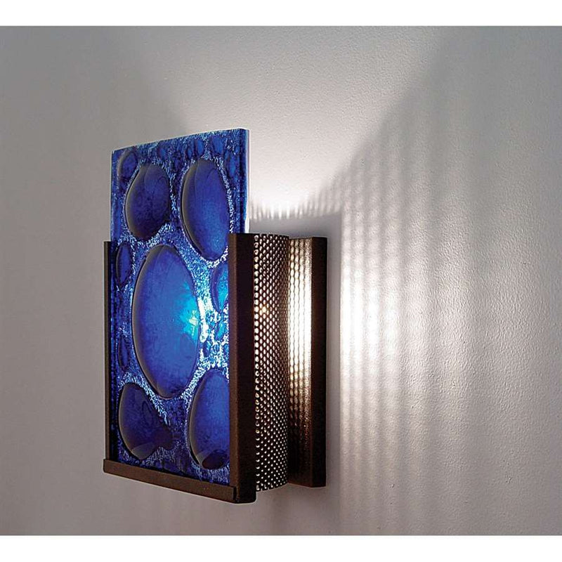 WPT Design FN 1-Light Bronze Wall Sconce | Handmade Half Moon Blue Art Glass | Hallway & Bedroom Accent | 8 x 4 x 10 in | Model FN1-BZ-HMB